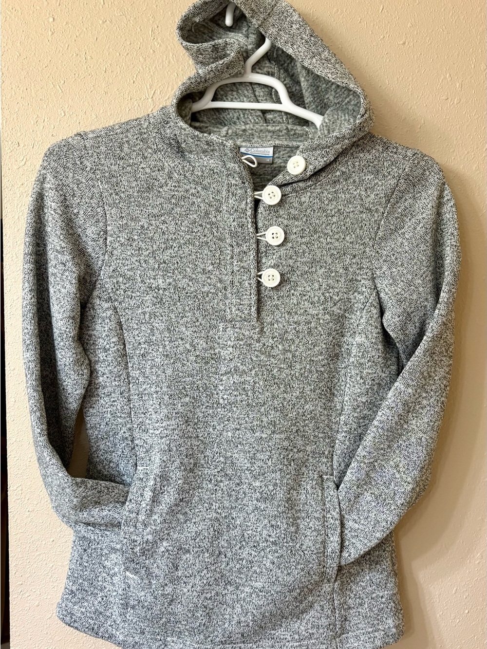 Women's Heather Gray Button-Neck Hooded Pullover Sweatshirt